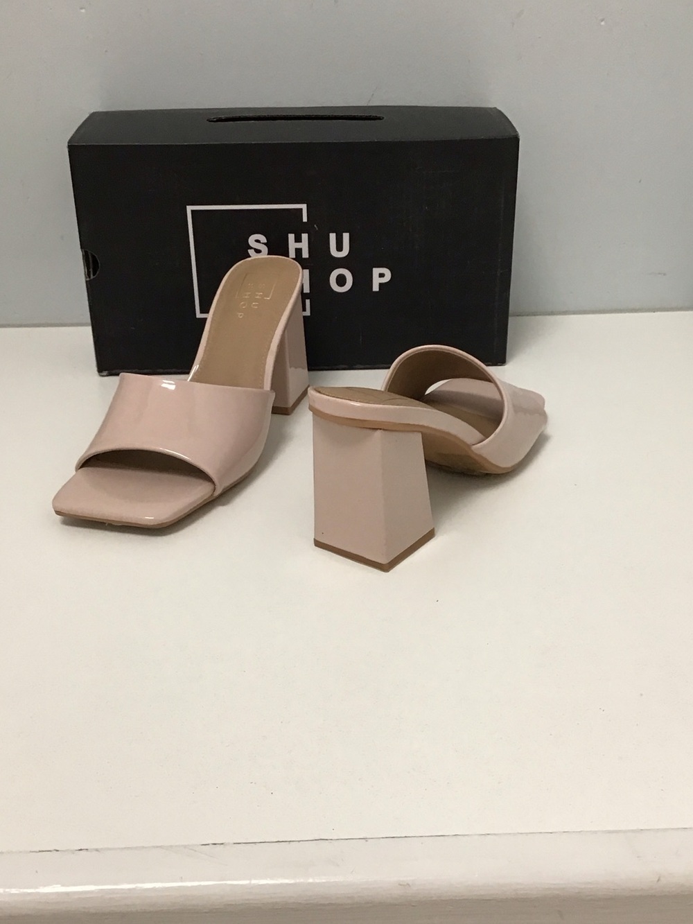 ShuShop Lourdes Patent Blush Block Heel Slide Mules